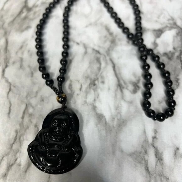 JADE obsidian Black Hand Carved Maitreya Buddah Pendant Necklace - Picture 3 of 7